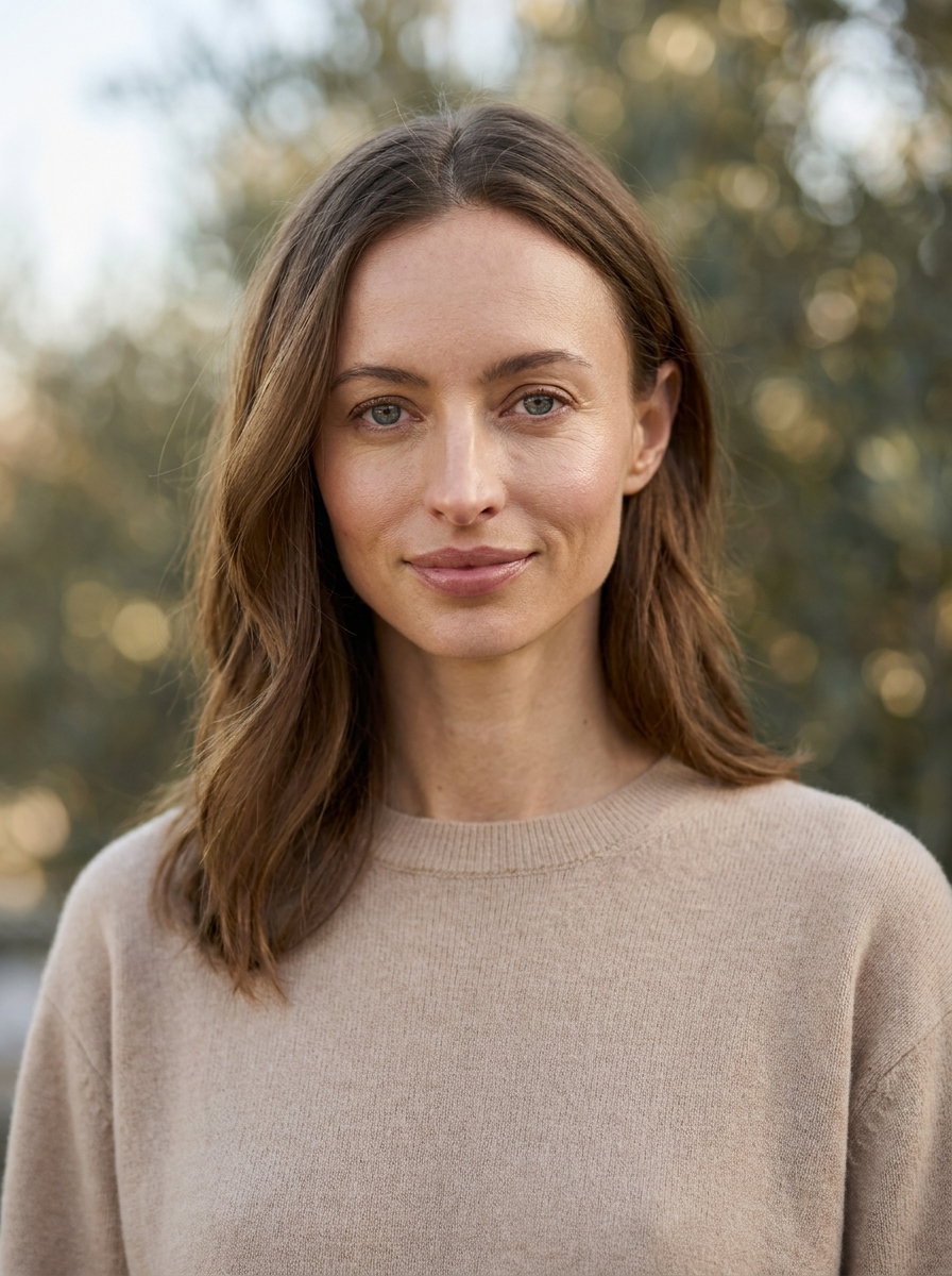 After — editorial portrait of the same woman in beige cashmere crewneck, outdoor bokeh, subtle smile