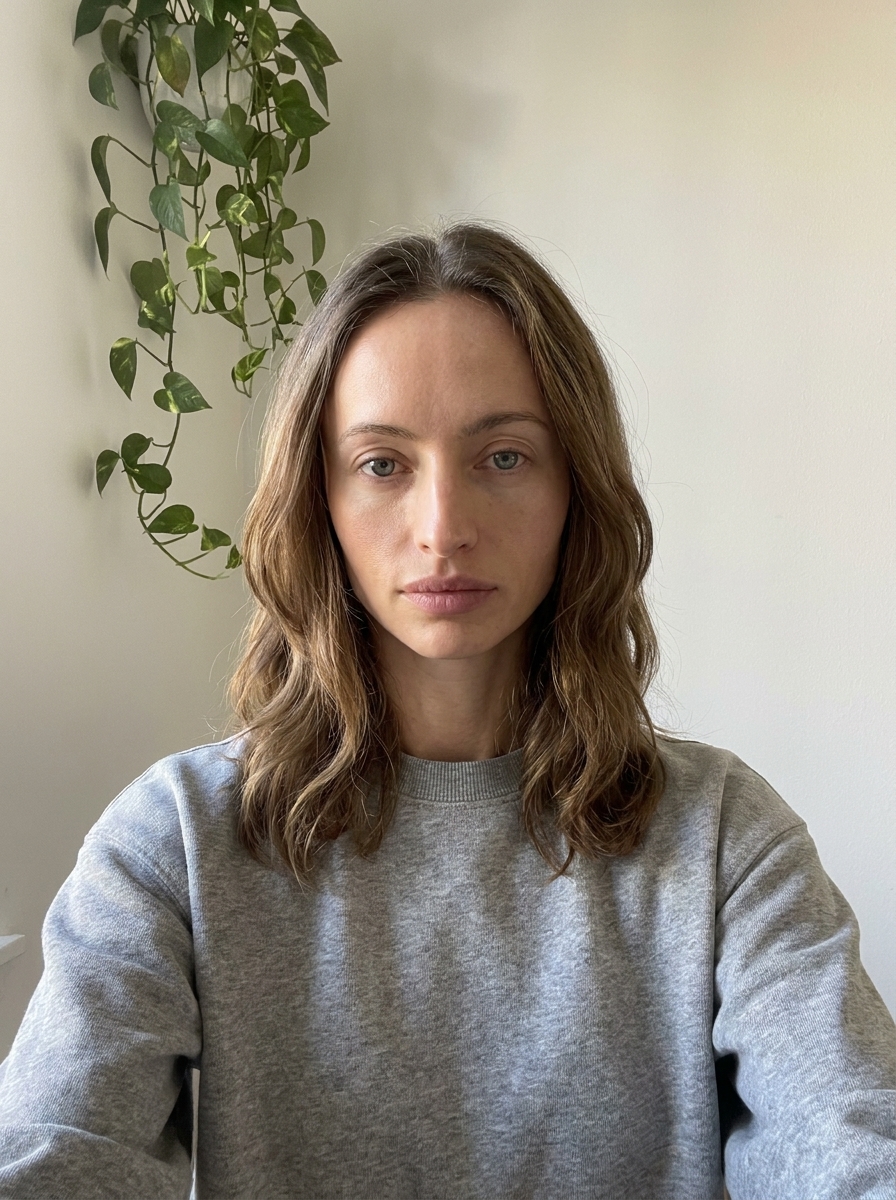 Before — phone selfie of a woman in a heather-grey sweatshirt, indoors