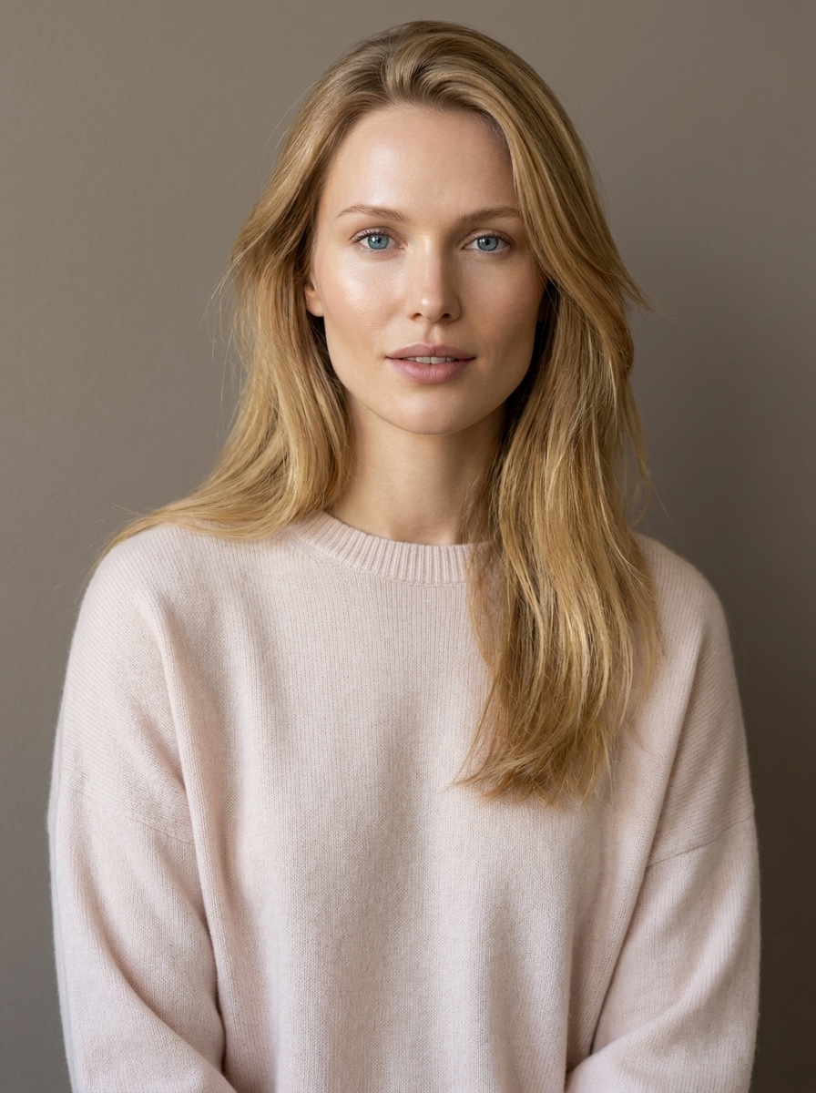 Editorial portrait, woman in powder cashmere crewneck, warm-grey backdrop