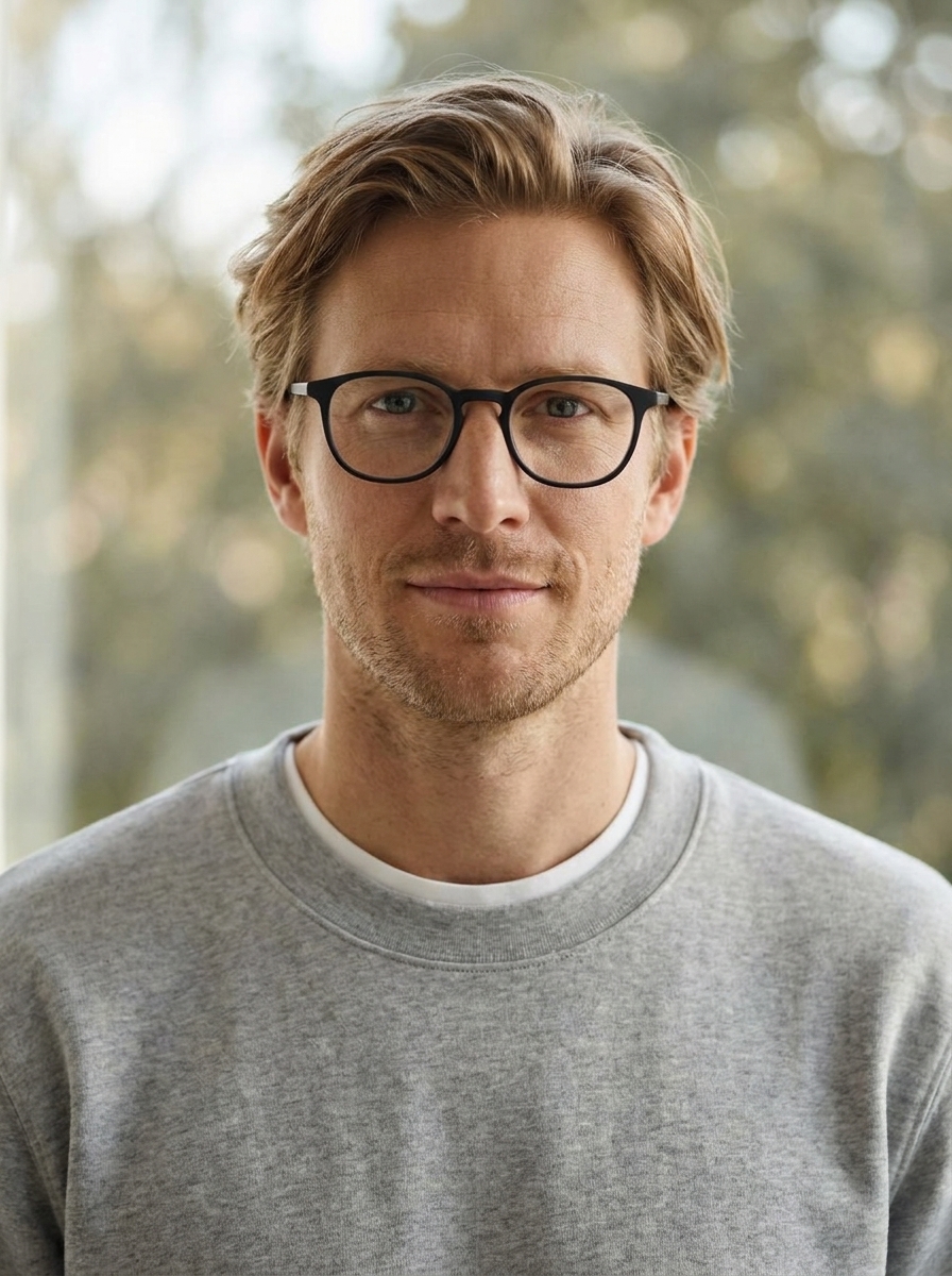 Editorial portrait, man in white tee and heather-grey sweatshirt, outdoor bokeh