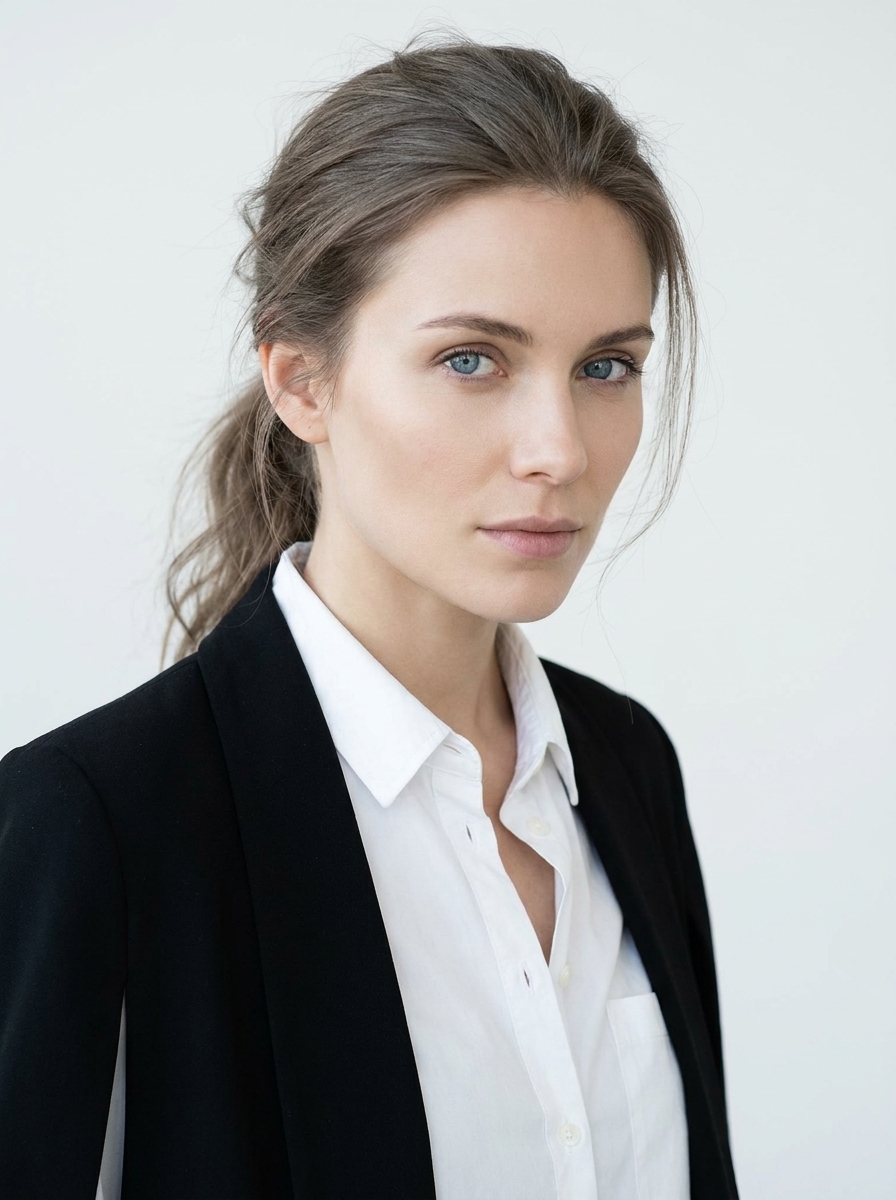 Editorial portrait, woman in white poplin shirt and black blazer, white studio