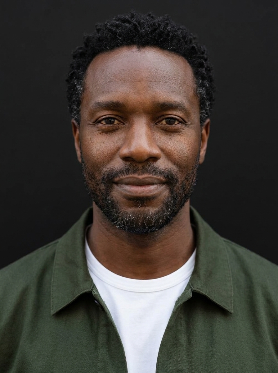 Editorial portrait, man in white tee and dark green overshirt, dark studio