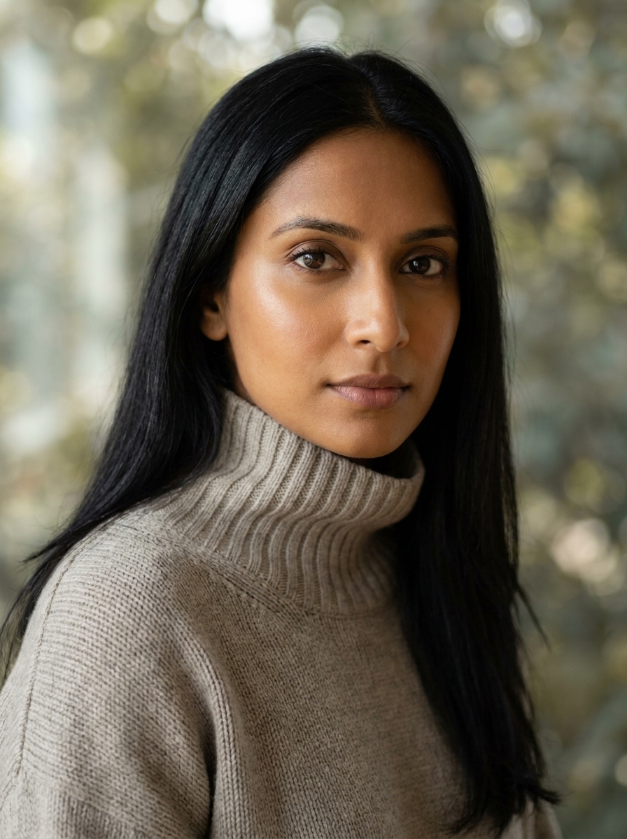 Editorial portrait, woman in greige turtleneck, outdoor bokeh