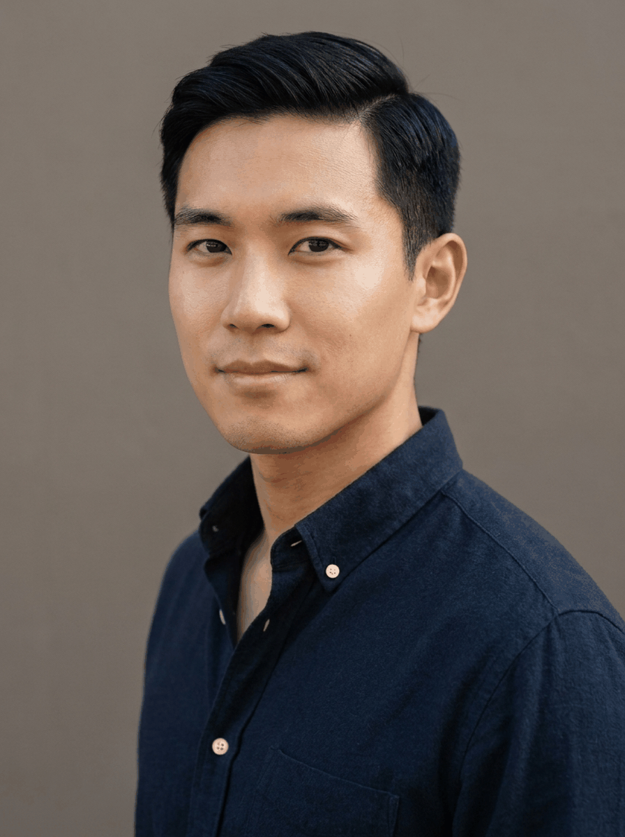 Editorial portrait, East Asian man in navy flannel shirt, warm-grey backdrop